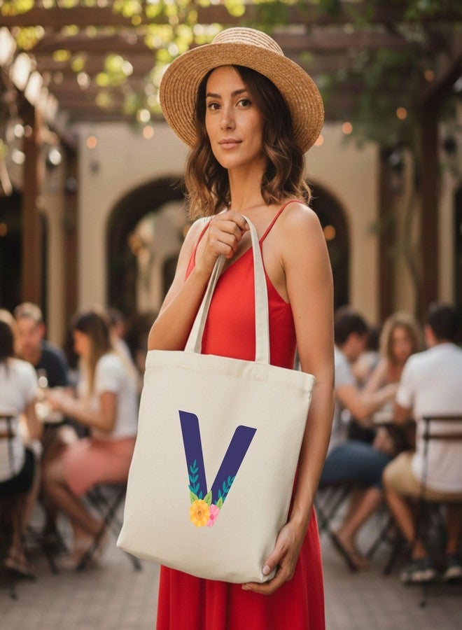 Roundsun Alphabet Printed Personalized Floral Print Horizontal Tote Bag Eco Friendly 380 GSM Canvas Natural Colour with Magnet Button Closure 16 Height 14 Width 3.5 Base Inches No Inner Pocket (V Alphabet) - Image 4