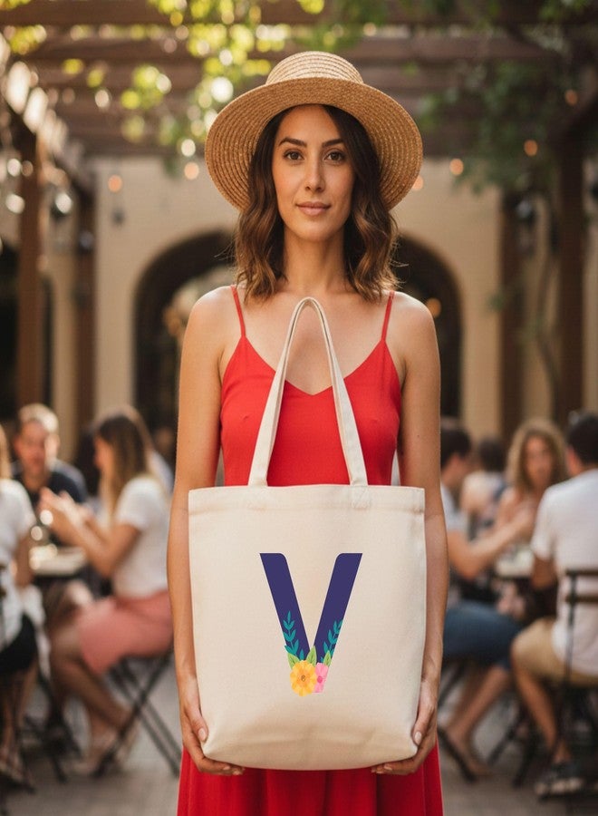 Roundsun Alphabet Printed Personalized Floral Print Horizontal Tote Bag Eco Friendly 380 GSM Canvas Natural Colour with Magnet Button Closure 16 Height 14 Width 3.5 Base Inches No Inner Pocket (V Alphabet) - Image 3