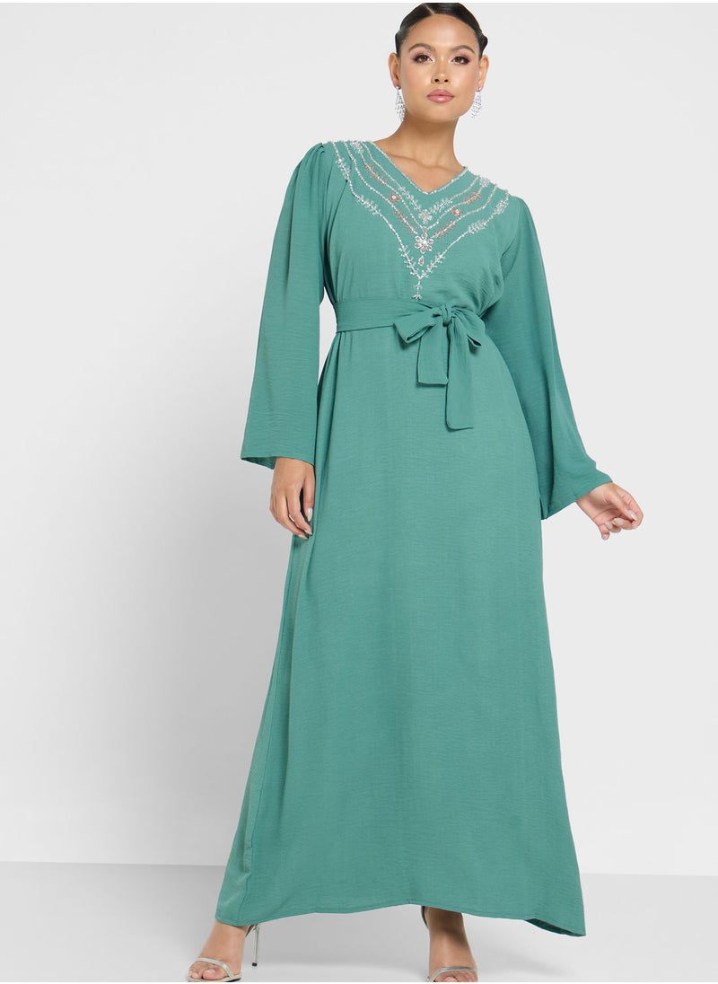 hayas closet V-Neck Embellished Jalabiya  - Image 4