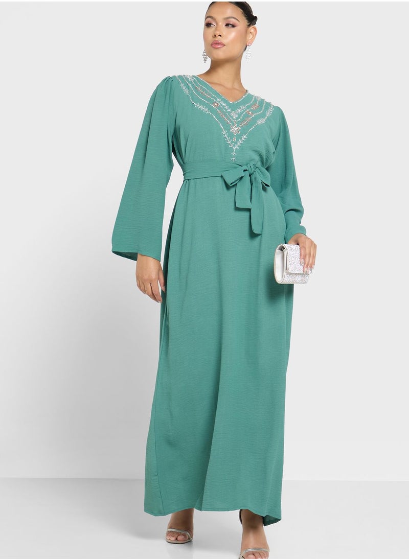 hayas closet V-Neck Embellished Jalabiya  - Image 1