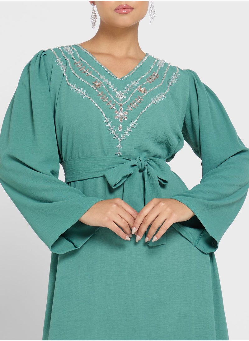 hayas closet V-Neck Embellished Jalabiya  - Image 3