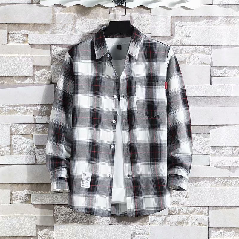 Spring and Autumn Thin Plaid Long-sleeved Shirt Mens Loose Ins Fashionable Korean Style Shirt Mens Work Clothes for Construction Site Black 6669