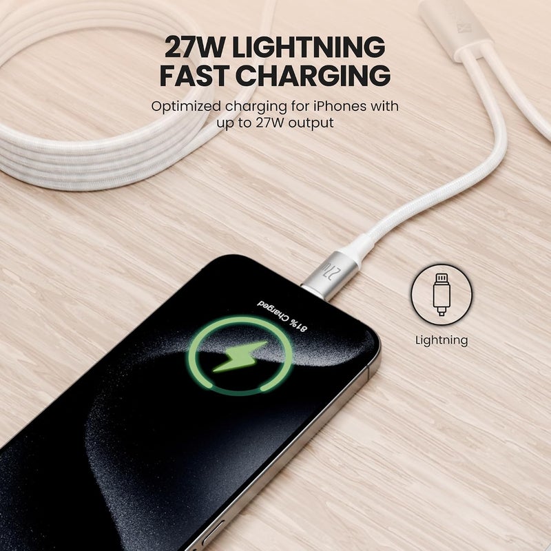 اكساستون كابل شحن 2 في 1 USB-C و Lightning، شحن سريع بقدرة 60 واط PD + شحن سريع بقدرة 27 واط، نقل بيانات بسرعة 480 ميجابت/ثانية، كابل شحن مزدوج مضفر من النايلون بطول 1.2 متر لأجهزة iPhone 16 15 14 13، iPad (أبيض) - Image 4