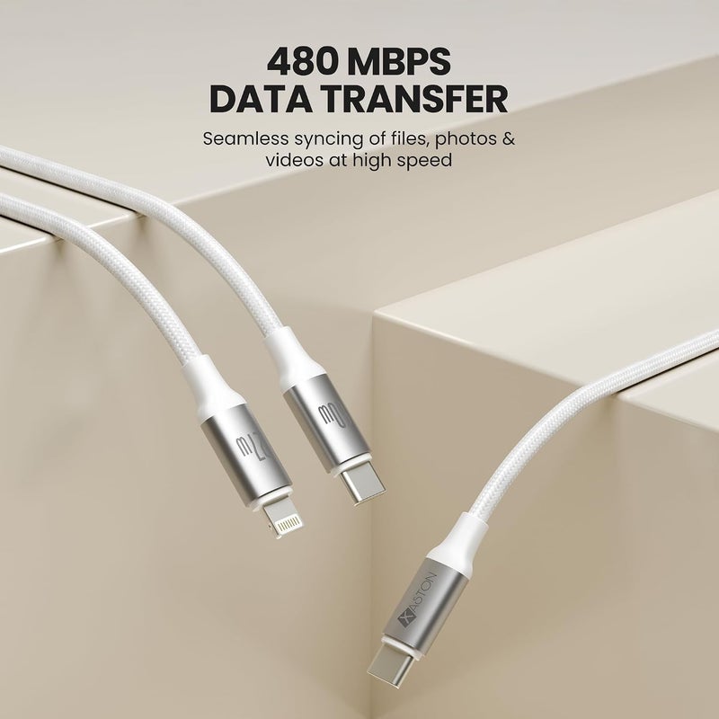 اكساستون كابل شحن 2 في 1 USB-C و Lightning، شحن سريع بقدرة 60 واط PD + شحن سريع بقدرة 27 واط، نقل بيانات بسرعة 480 ميجابت/ثانية، كابل شحن مزدوج مضفر من النايلون بطول 1.2 متر لأجهزة iPhone 16 15 14 13، iPad (أبيض) - Image 5