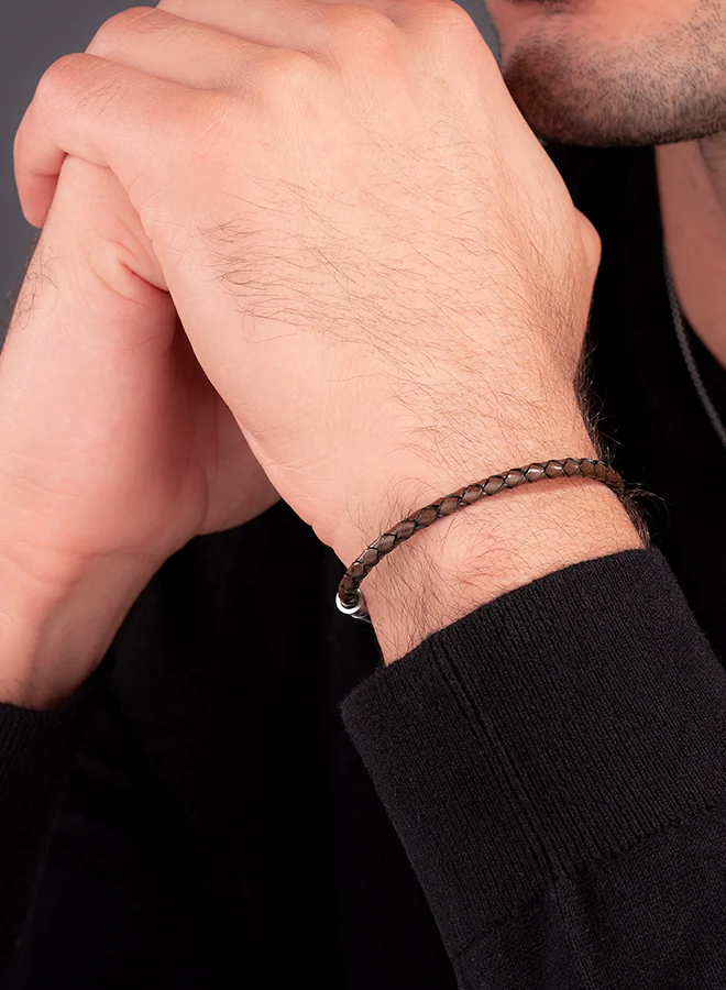 POLICE Plaint Brown Leather With Black And Grey Motif Gents BraceletPEAGB0033205