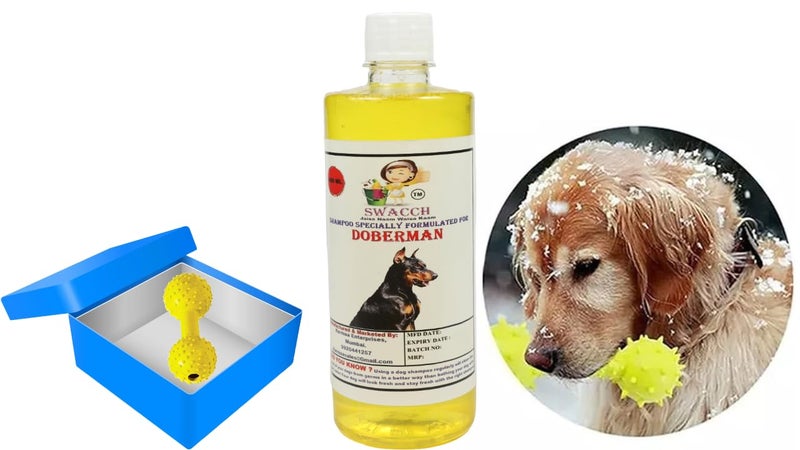 swacch Doberman Dog Shampoo + Dumbbell Toy I Durable Rubber Dog Toy for Chewing I Playing,Teeth Cleaning & Training Toy I Combo Pack I 500ml Lemon - Image 1