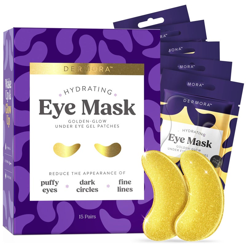 DERMORA Golden Glow Under Eye Patches | Rejuvenating Treatment | Dark Circles, Puffy Eyes, Refreshing, Revitalizing, Travel, Wrinkles |15 Pairs Eye Gels - Image 1