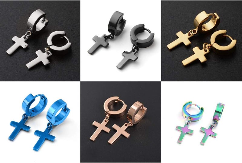 TXPFF Store Men Women Stainless Steel Cross Earrings Set Dangle Hinged Earrings of Dangle Hinged Earrings Cross hoop Earrings - Image 2