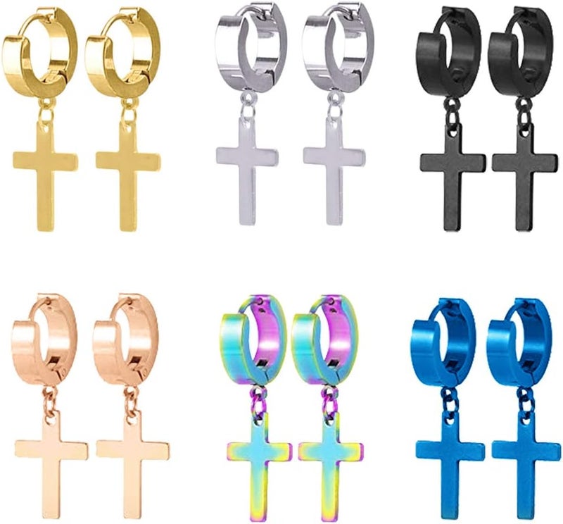 TXPFF Store Men Women Stainless Steel Cross Earrings Set Dangle Hinged Earrings of Dangle Hinged Earrings Cross hoop Earrings - Image 1