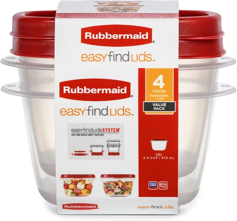 Rubbermaid حاويات تخزين الطعام Rubbermaid Easy Find Lids، 2 كوب، Racer Red، مجموعة من 4 قطع - Image 1