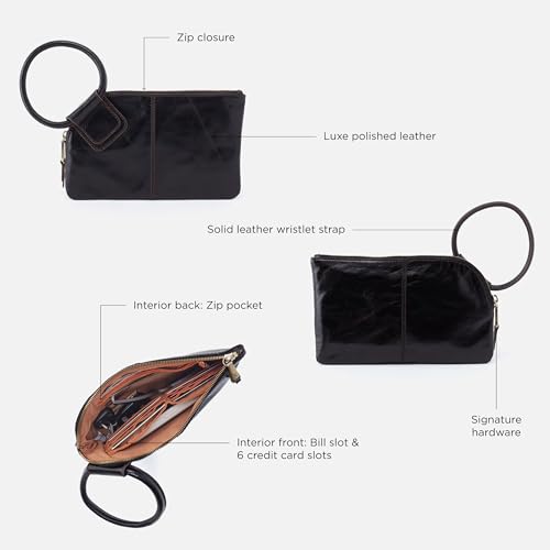 HOBO Sable Leather Wristlet Clutch with Circular Handle, Zippered Closure, Credit Card Organizer, & Interior Zip Pocket, Black - Image 4