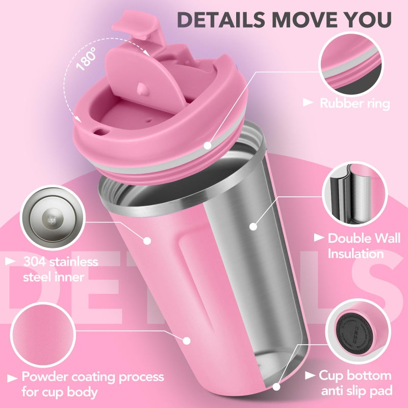Volhoply 12 oz Double Wall Insulated Vacuum Travel Coffee Mug with Flip Lid,Reusable Stainless Steel Leak Proof Coffee Cup,Portable Iced Cafe Thermal Tumbler Suitable for Hot & Cold Drinks(Pink,1 Set) - Image 4