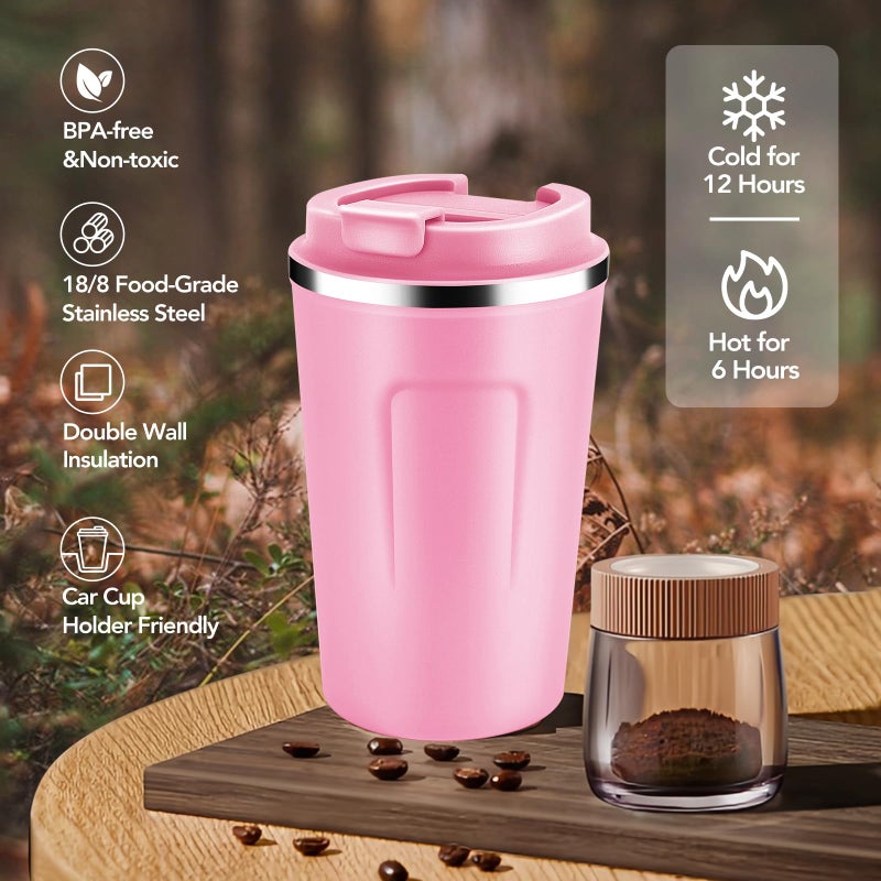Volhoply 12 oz Double Wall Insulated Vacuum Travel Coffee Mug with Flip Lid,Reusable Stainless Steel Leak Proof Coffee Cup,Portable Iced Cafe Thermal Tumbler Suitable for Hot & Cold Drinks(Pink,1 Set) - Image 5