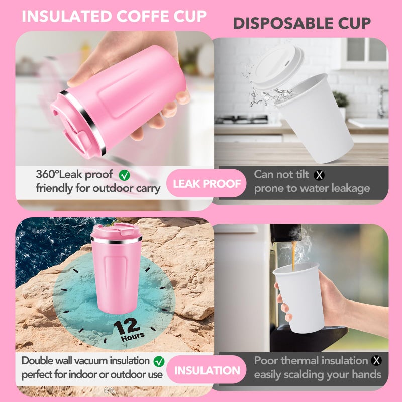 Volhoply 12 oz Double Wall Insulated Vacuum Travel Coffee Mug with Flip Lid,Reusable Stainless Steel Leak Proof Coffee Cup,Portable Iced Cafe Thermal Tumbler Suitable for Hot & Cold Drinks(Pink,1 Set) - Image 3