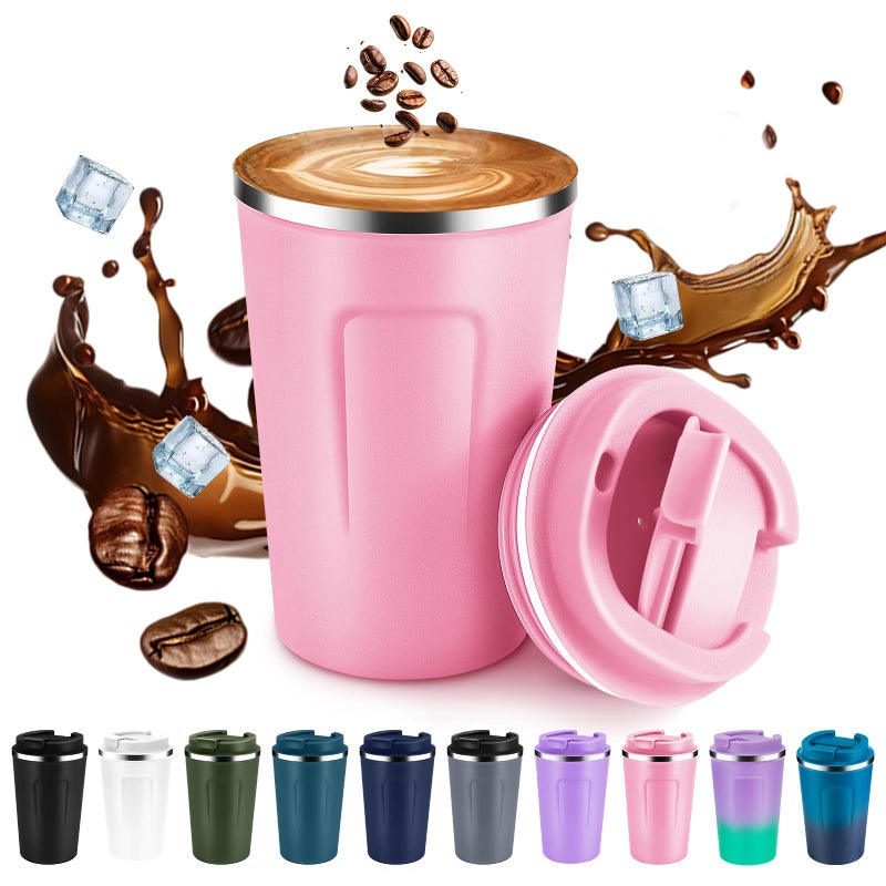 Volhoply 12 oz Double Wall Insulated Vacuum Travel Coffee Mug with Flip Lid,Reusable Stainless Steel Leak Proof Coffee Cup,Portable Iced Cafe Thermal Tumbler Suitable for Hot & Cold Drinks(Pink,1 Set) - Image 1