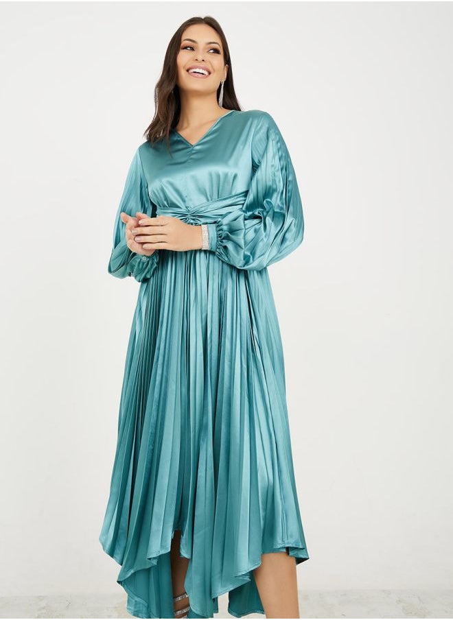 Styli - Asymmetric Hem Satin Pleated Midi Dress - Image 1