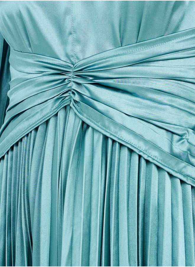 Styli - Asymmetric Hem Satin Pleated Midi Dress - Image 1