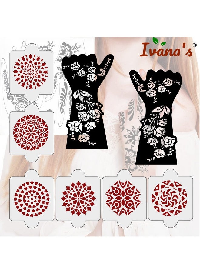 ivana's - Pack Of 8 Pcs (2 Pcs Heena Stencil Tatto + 6 Pcs Laser Cut Pvc Reusable Heena Stencils), Heena Mehandi Sticker, Mehandi Stickers For Full Hand For Women, Girls And Kids, Easy To Apply, Ivh-97 - Image 1