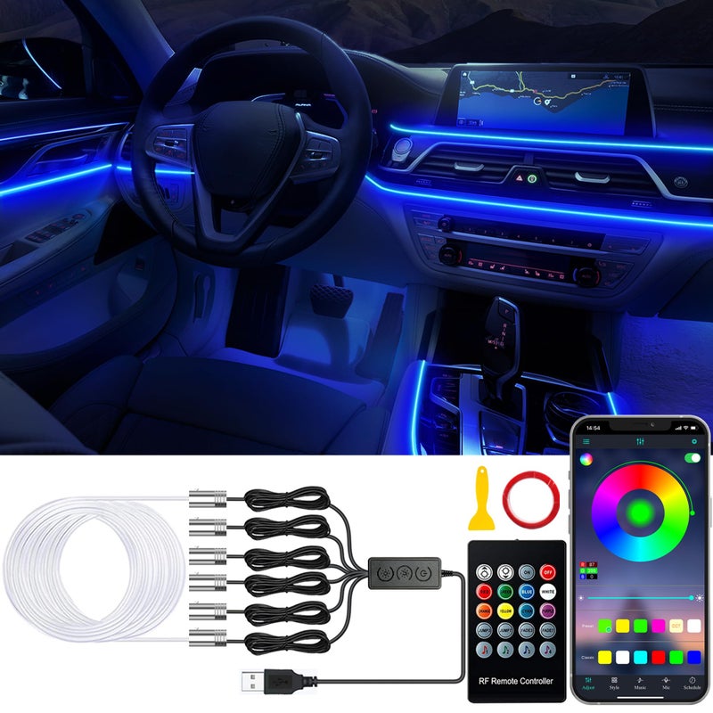 Jushope Car LED Lights Interior Car Lights with Wireless APPRF RemoteButton Control Car Ambient Lighting Kit with 315 Integrated Molding Fiber Optic RGB Sync to Music 6 in 1USB