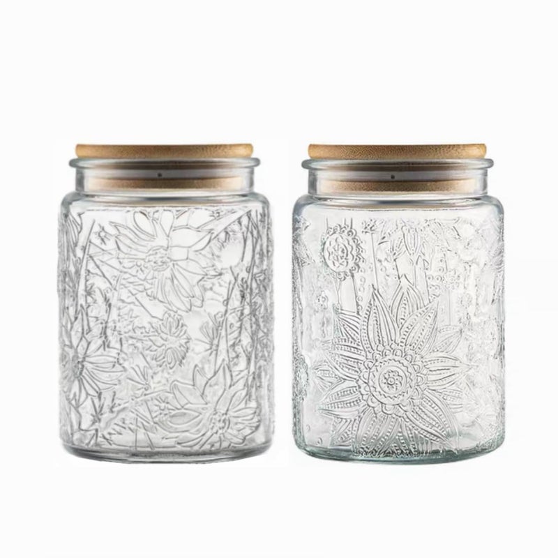 ANSQU Set of 2 Vintage Glass Jars  23.7 FL OZ Candy Jars with Lids  Sugar Container Mason Jars for Home Kitchen Pantry  Cute Jar (Daisy & Sunflower) - Image 1