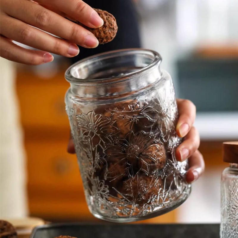 ANSQU Set of 2 Vintage Glass Jars  23.7 FL OZ Candy Jars with Lids  Sugar Container Mason Jars for Home Kitchen Pantry  Cute Jar (Daisy & Sunflower) - Image 4