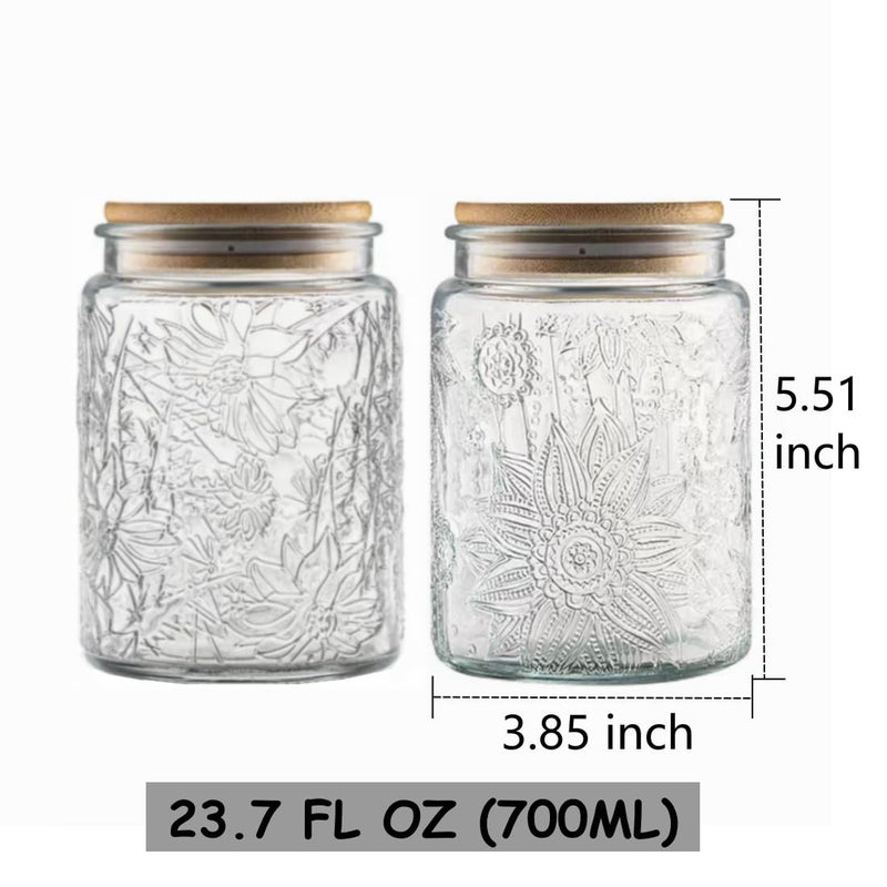 ANSQU Set of 2 Vintage Glass Jars  23.7 FL OZ Candy Jars with Lids  Sugar Container Mason Jars for Home Kitchen Pantry  Cute Jar (Daisy & Sunflower) - Image 2