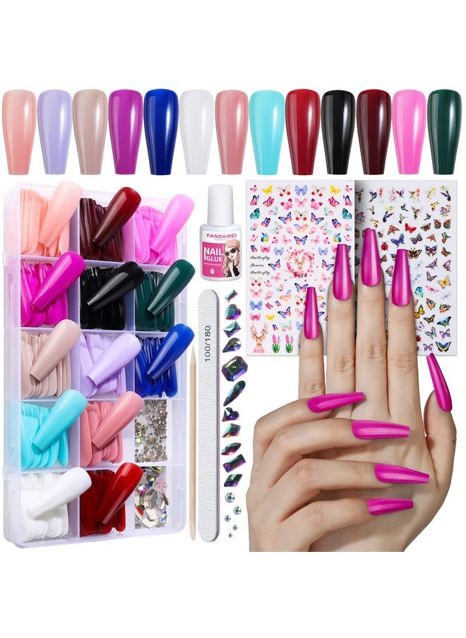 FANDAMEI - Press On Nails Medium Length 24 Pack 576Pcs Glossy Medium Coffin Fake Nails Full Cover Acrylic Short Ballerina False Nail Tips With Nail Glue Nail Adhesive Tabs Nail File For Nail Art Diy - Image 1
