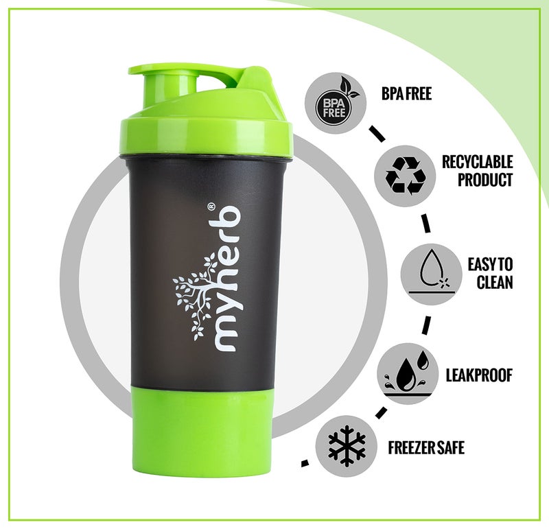 Myherb BPA-Free 100% Leak Proof Guarantee Including Tornado Blender Gym Shaker Bottle - 500 ml /24oz- Green + Black Color - Image 2