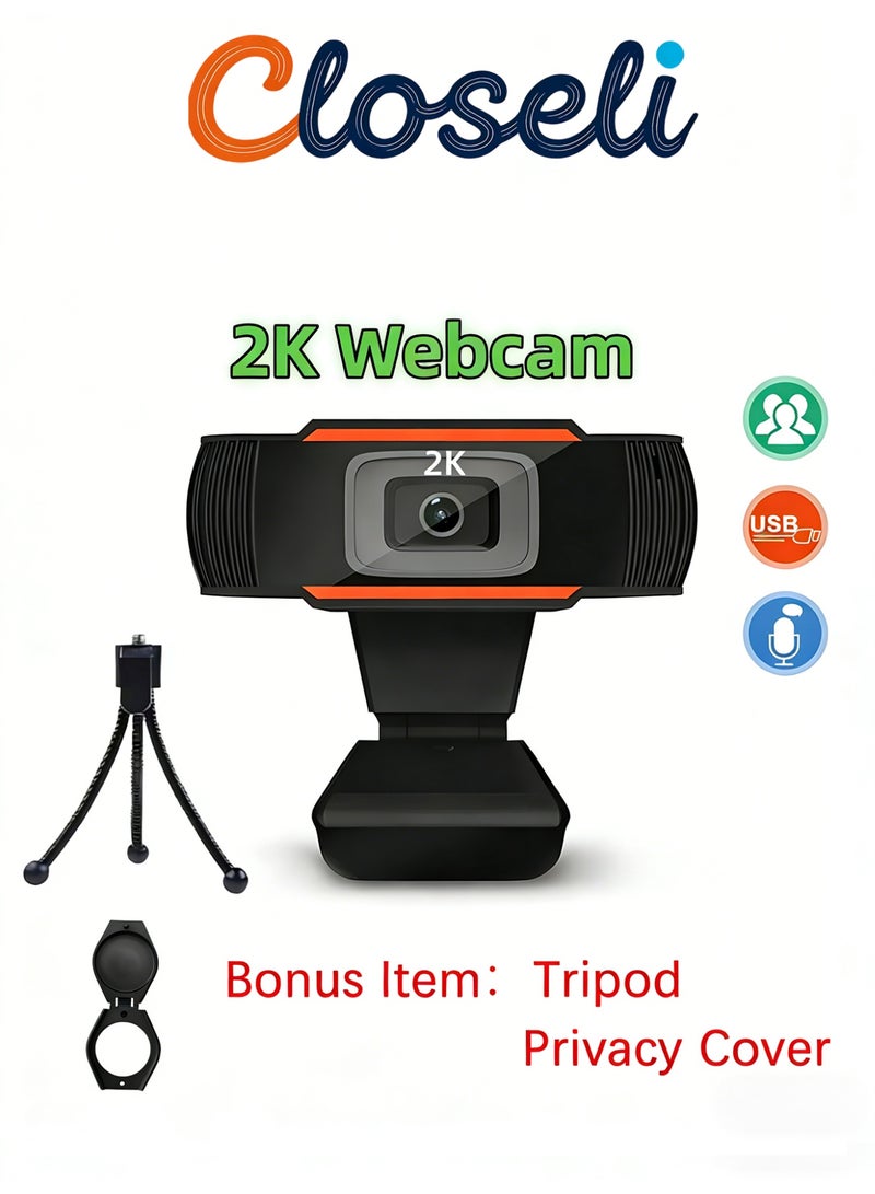 Closeli 2K Full HD Webcam, with AI Noise Canceling Microphone, Plug & Play USB Web Camera, 30FPS Full HD, Auto Focus, Auto Light Correction, Adjustable Field of View, for PC Laptop Desktop, Video Calls, Meetings, Streaming & Live Broadcast - Image 1