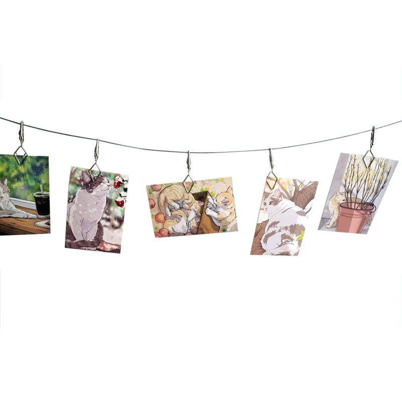TFu MultiPurpose Steel Wall Hanging Photo Display Cable Wire Rod with 12 Adjustable Clips for Hanging Photos Notes Postcard and Artworks Rhombus