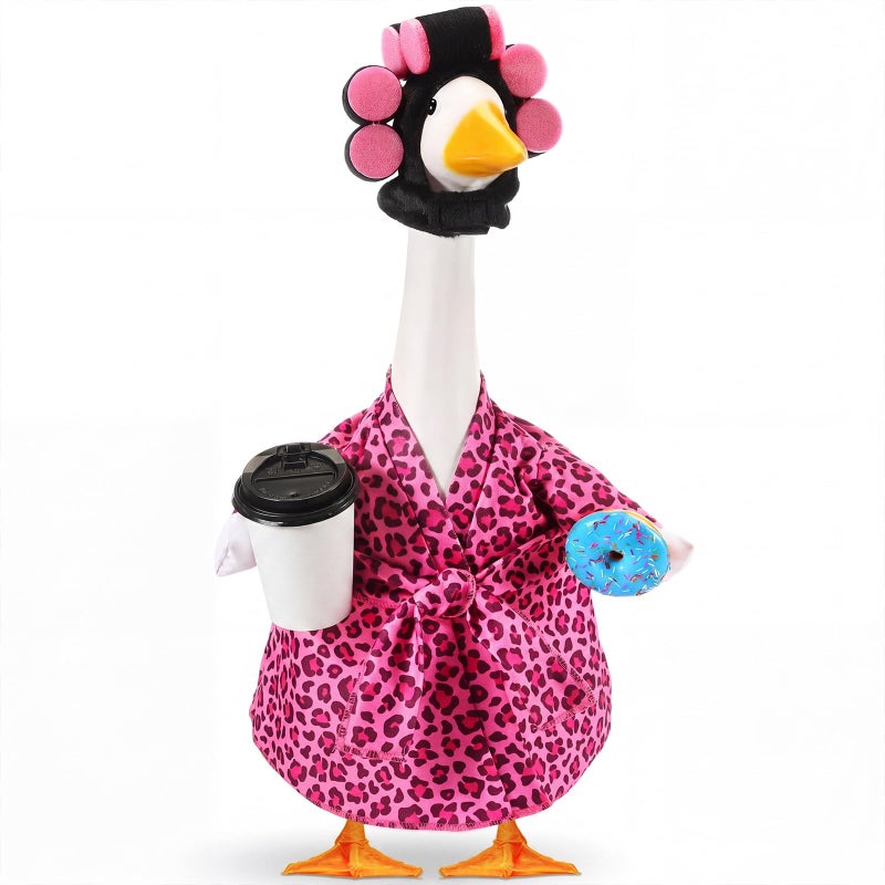 Shyyween Lady Porch Goose Outfit for 23 Cement Plastic Lawn Goose Statue Clothes Pink Leopard Bathrobe Coffee Cup Curlers for Outdoor Garden Yard Patio Decoration - Image 2