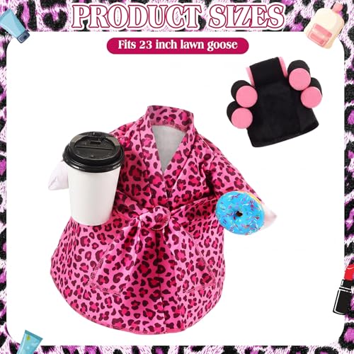Shyyween Lady Porch Goose Outfit for 23 Cement Plastic Lawn Goose Statue Clothes Pink Leopard Bathrobe Coffee Cup Curlers for Outdoor Garden Yard Patio Decoration - Image 3