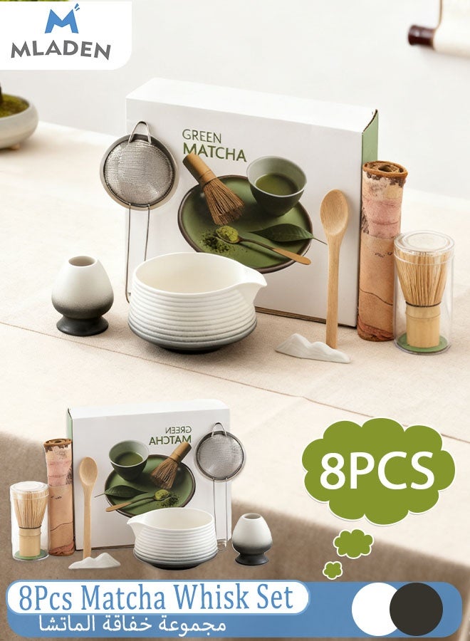 MLADEN 8Pcs Matcha Whisk Set, Matcha Kit, Bamboo Whisk and Ceramic Bowl with Spout & Measuring Spoon & Cup, Japanese Ceremony Matcha Tea Making Tools (White+Black) - Image 1