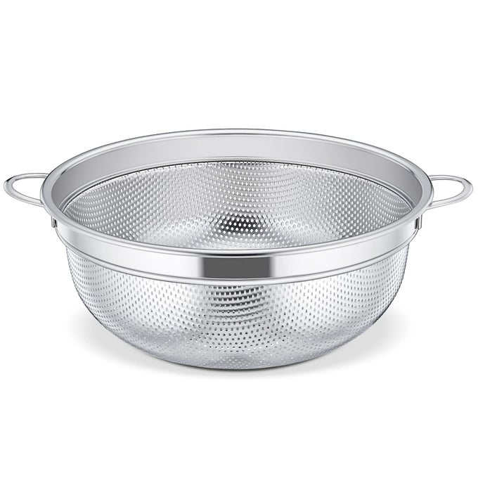 COLANDER STAINLESS STEEL KITCHEN COLANDER WITH HANDLE METAL MICROPERFORATED STRAINER PERFECT FOR DRAINING PASTA RICERINSING VEGETABLES FRUITS HEALTHY HEAVY DUTY DISHWASHER SAFE 20CM