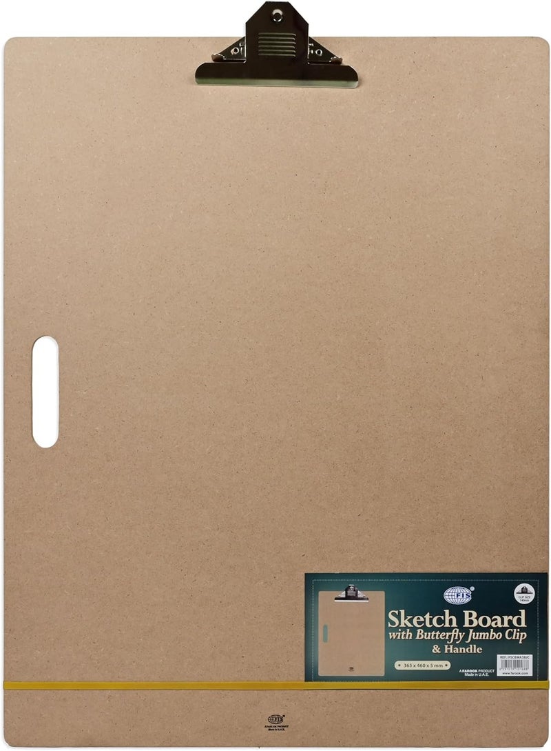 FIS Sketch Board with Butterfly Jumbo Clip, A3 Size (365x460x5mm), Sturdy Wooden Board - Image 1