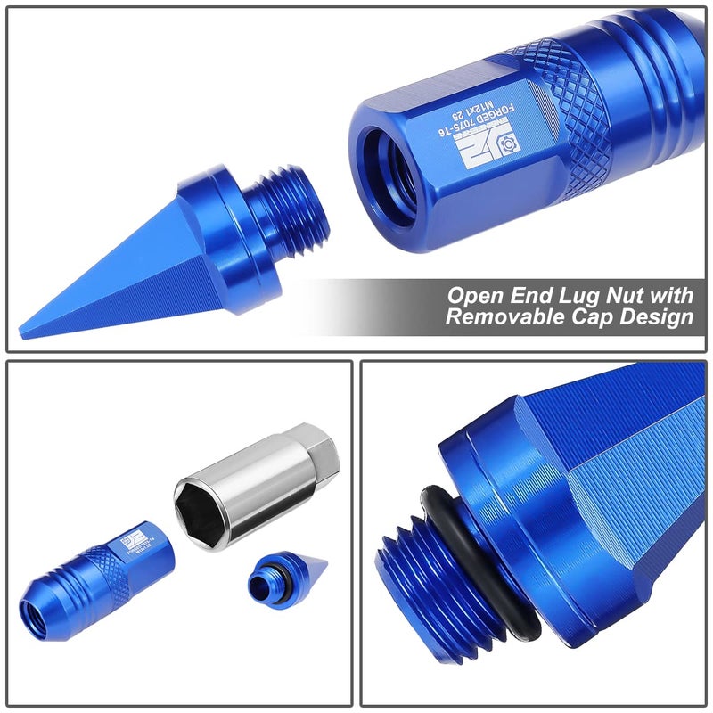J2 Engineering 20Pcs M12x1.25 T6-7075 Aluminum Removable Spiky Cap Lug Nuts with Deep Drive Extension, Blue - Image 5