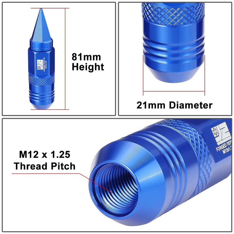 J2 Engineering 20Pcs M12x1.25 T6-7075 Aluminum Removable Spiky Cap Lug Nuts with Deep Drive Extension, Blue - Image 4