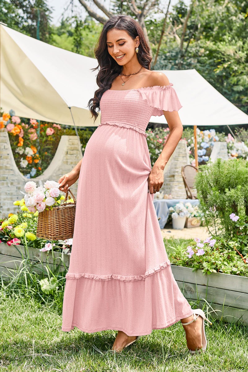 OUGES Womens 2025 Summer Maternity Baby Shower Dress Casual Boho Maxi Smocked Maternity Photoshoot Dresses Ruffle Sleeve Square Neck Gender Reveal Long Dress Pregnancy Must Have Clothes (Pink,XL) - Image 3