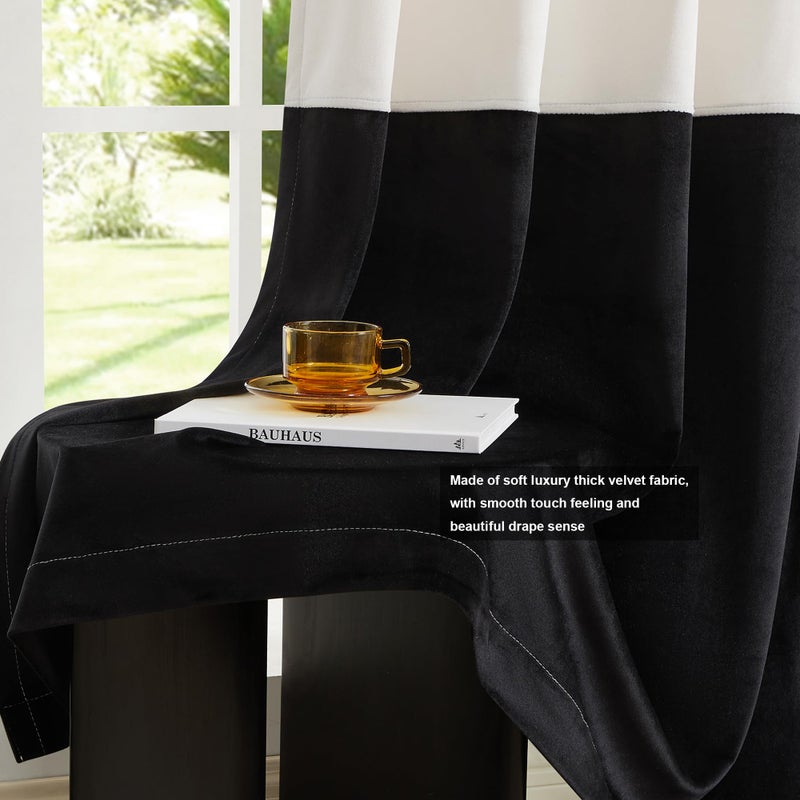 BULBUL Cream Black Color Block Window Curtains Panels 84 inches Long Velvet Farmhouse Drapes for Bedroom Living Roomm Darkening Treatment with Grommet Set of 2 - Image 5