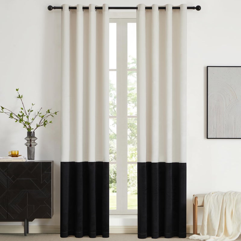 BULBUL Cream Black Color Block Window Curtains Panels 84 inches Long Velvet Farmhouse Drapes for Bedroom Living Roomm Darkening Treatment with Grommet Set of 2 - Image 1