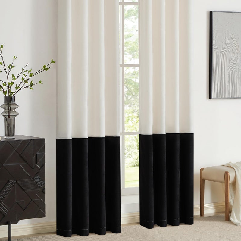 BULBUL Cream Black Color Block Window Curtains Panels 84 inches Long Velvet Farmhouse Drapes for Bedroom Living Roomm Darkening Treatment with Grommet Set of 2 - Image 4