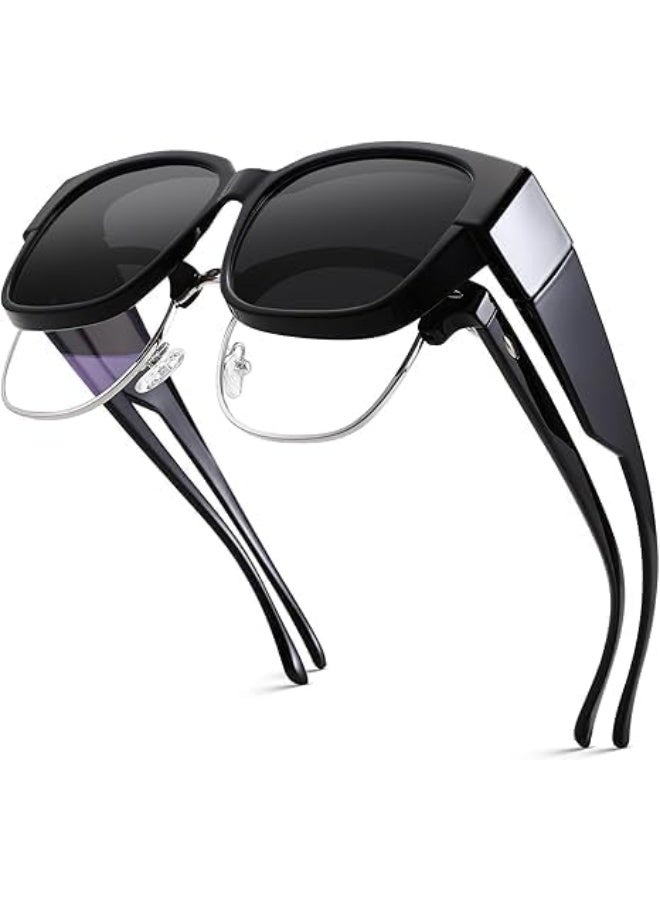 Polarized Fit Over Sunglasses, Oversized Square Over Glasses Shades for Men Women, Wrap Around UV Pretection UV Sun Glasses for Driving, Wear Over Glasses Sunglasses