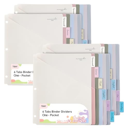 Tbay 6-Tab Dividers for 3 Ring Binder, 24 Counts Binder Dividers Index with One Pocket, Letter Size 8.5 x 11'', Morandi Colors (4) - Image 1