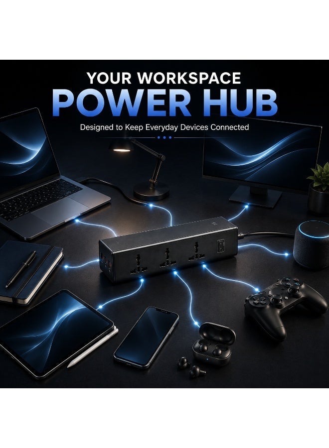 Toby's Professional PS-02 Power Strip with 2 USB-C & 1 USB-A Ports, 65W USB Charging Support, Universal AC Outlets, 3250W Rated Power, 1.8M Extension Cord, Compact Desktop Charging Station (Black) - Image 4