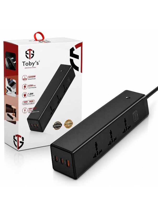 Toby's Professional PS-02 Power Strip with 2 USB-C & 1 USB-A Ports, 65W USB Charging Support, Universal AC Outlets, 3250W Rated Power, 1.8M Extension Cord, Compact Desktop Charging Station (Black) - Image 1