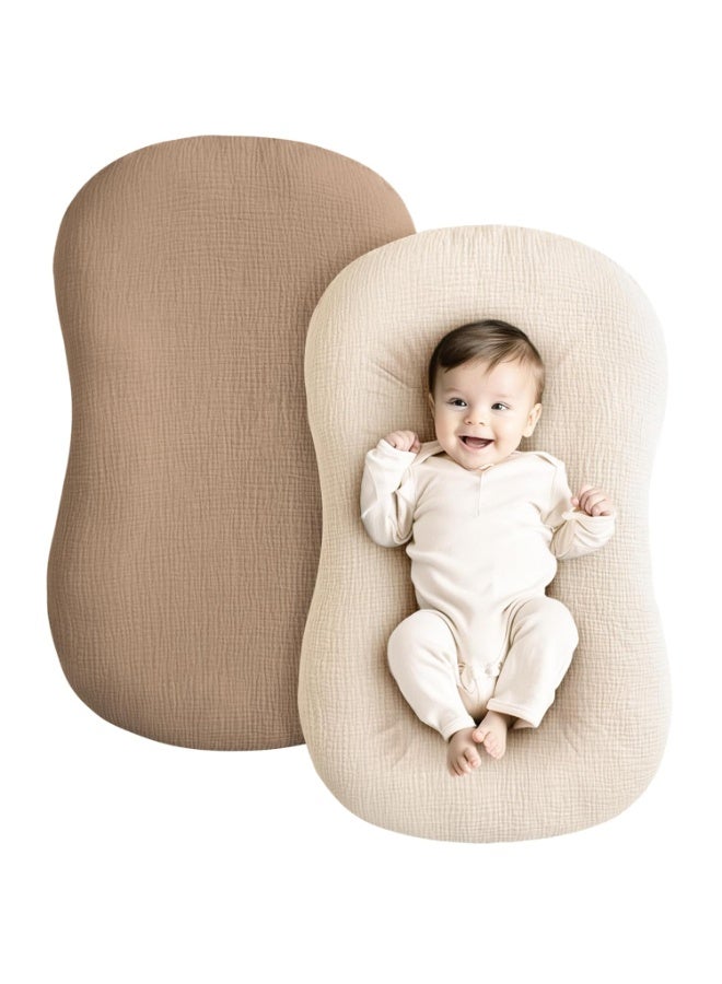 Konssy Muslin Baby Lounger Cover 2 Pack, 100% Cotton Newborn Lounger Cover, Soft and Breathable Baby Nest Slipcover for Boys Girls (Brown,Wheat) - Image 1