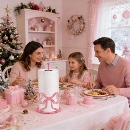 Hebaogugu Pink Bow Paper Towel Holder, Cute Paper Towel Roll Holder, 3D Printed Standing Paper Towel Holder for Kitchen Countertops Bathroom with Weighted Base, Kitchen Decor Accessories Gift - Image 2