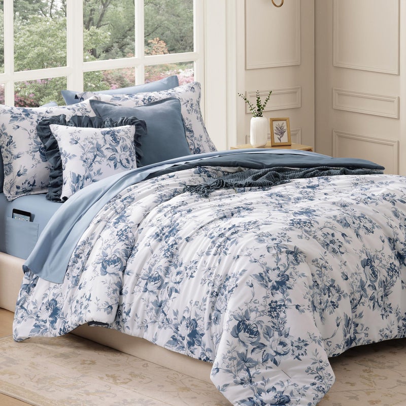 BLOOMHAVEN Queen Comforter Set -7 Pieces Floral Blue Comforter Set for All Seasons, Bed in a Bag Queen with Botanical Flowers Comforter, Sheets, Pillowcases & Shams - Image 2