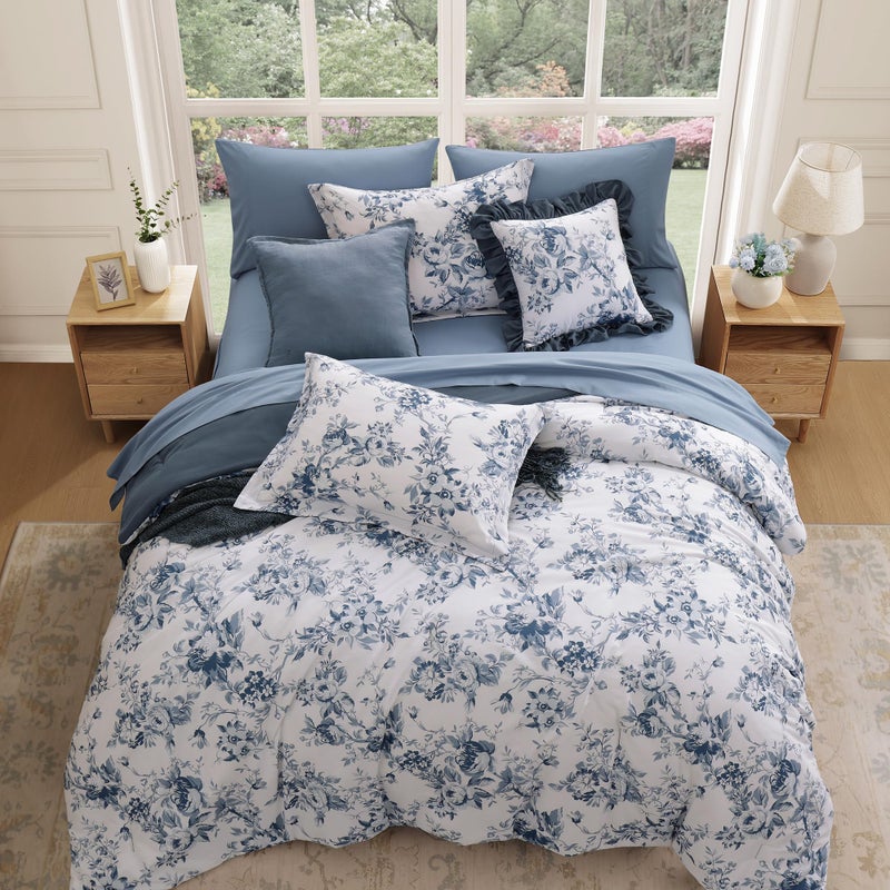 BLOOMHAVEN Queen Comforter Set -7 Pieces Floral Blue Comforter Set for All Seasons, Bed in a Bag Queen with Botanical Flowers Comforter, Sheets, Pillowcases & Shams - Image 3