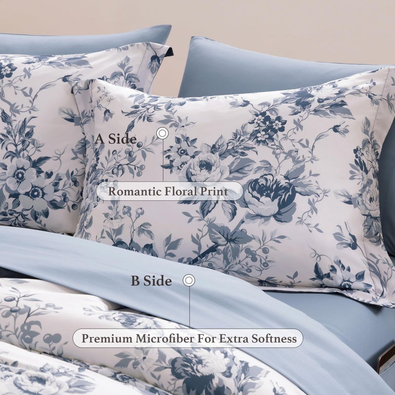 BLOOMHAVEN Queen Comforter Set -7 Pieces Floral Blue Comforter Set for All Seasons, Bed in a Bag Queen with Botanical Flowers Comforter, Sheets, Pillowcases & Shams - Image 5